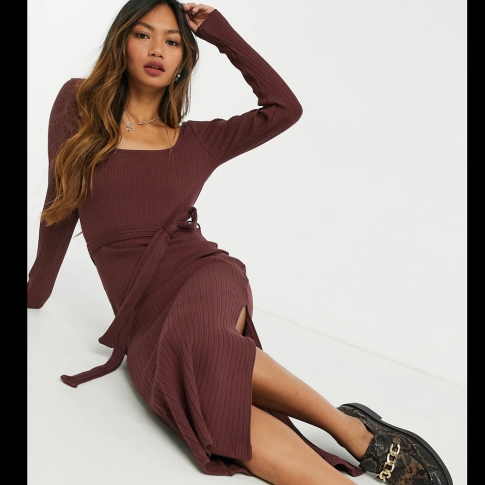 Top shop jersey ribbed belted midi dress in color burgundy
